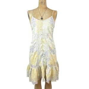 Cottegecore Rachel Zoe Eyelet Lace Sun Dress‎ Yellow Floral Ruffle Sz M Summer